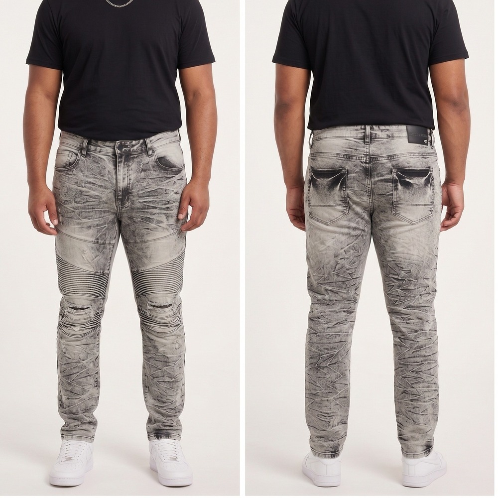 Southpole Mens Moto Jeans 46 Grey Acid Wash Distressed Biker Stretch Denim Pants